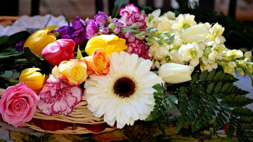 Картинка цветы разные+вместе гербера гвоздика розы тюльпаны