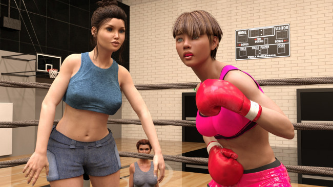 Обои картинки фото 3д графика, спорт , sport, бокс, ринг, фон, девушки, взгляд
