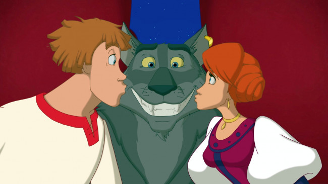Обои картинки фото мультфильмы, иван царевич и серый волк 3, поцелуй, улыбка, волк, девушка, парень