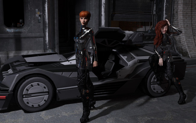 Обои картинки фото 3д графика, люди-авто, мото , people- car ,  moto, фон, взгляд, девушки