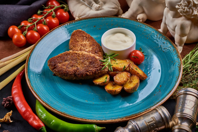 Обои картинки фото еда, вторые блюда, чили, помидоры, соус, картофель, котлеты