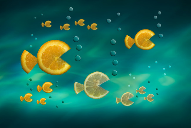 Обои картинки фото разное, компьютерный дизайн, дольки, fish, in, the, sea, рыбки, цитрусы