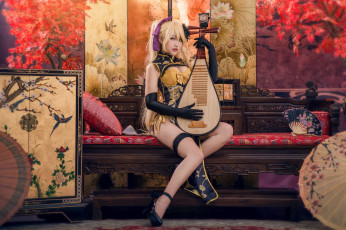 Картинка музыка -другое ножки шкаф подушка сидит азиатка локоны зонт интерьер картины наряд туфли челка музыкальный инструмент лютня костюм блондинка роспись образ веер руки