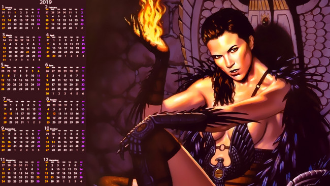 Обои картинки фото календари, фэнтези, пламя, огонь, взгляд, девушка