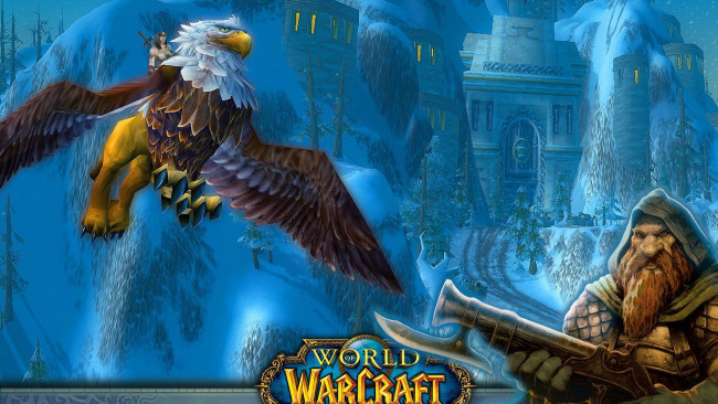 Обои картинки фото видео игры, world of warcraft, грифон, гном, горы, замок