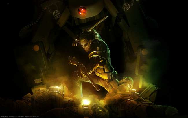 Обои картинки фото видео игры, deus ex,  human revolution, мужчина, тела, робот, оружие