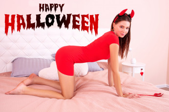 Картинка девушки -+брюнетки +шатенки шатенка поза красное платье надпись рожки