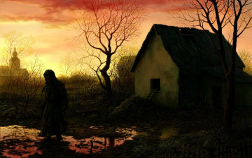 Картинка разное компьютерный+дизайн дом церковь лужа старуха деревья