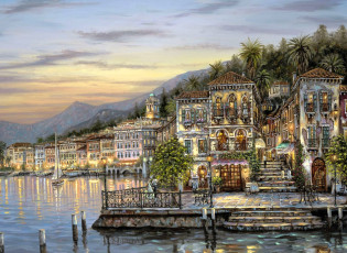 обоя рисованное, robert finale, гора, закат, пальмы, дома, море, лодки