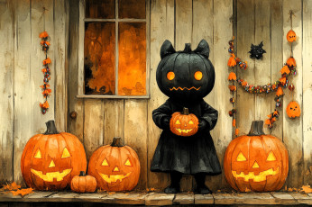 обоя праздничные, хэллоуин, дом, окно, осень, гирлянды, тыквы, костюм, листья