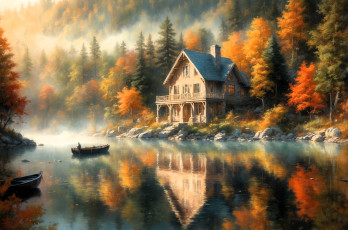 обоя рисованное, природа, лес, горы, дом, осень, река, лодки