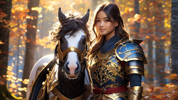 обоя 3д графика, люди и животные , people and animals, девушка, латы, лошадь, лес, осень