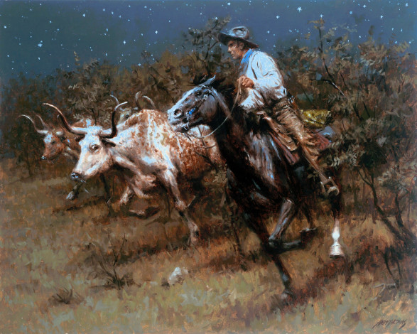 Обои картинки фото рисованное, andy thomas, коровы, стадо, всадник, ковбой, пастух, ночь, деревья