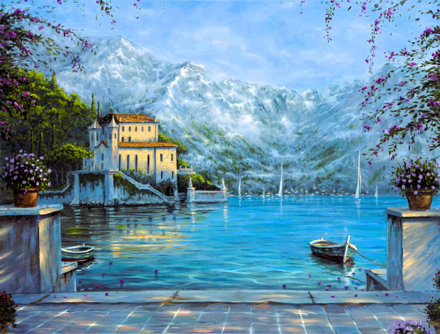 Обои картинки фото рисованное, robert finale, горы, сад, дворец, озеро, лодка, цветы