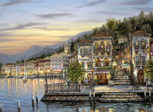 Обои картинки фото рисованное, robert finale, гора, закат, пальмы, дома, море, лодки