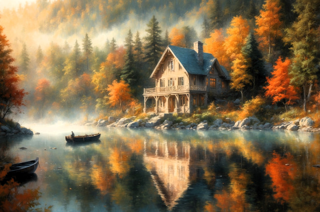 Обои картинки фото рисованное, природа, лес, горы, дом, осень, река, лодки