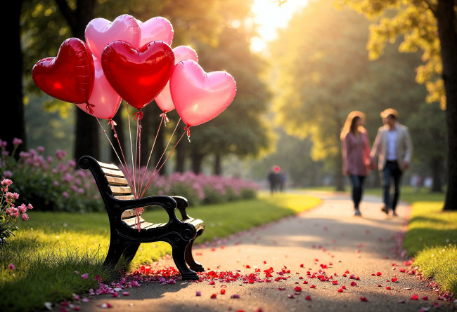 Обои картинки фото праздничные, день святого валентина,  сердечки,  любовь, парк, пара, аллея, дорожка, лепестки, скамейка, шарики, цветы