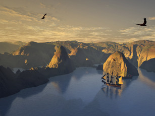 Картинка 3д графика nature landscape природа вода птицы облака парусник