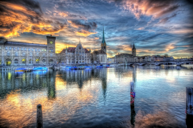 Обои картинки фото цюрих, швейцария, города, закат, тучи, вода, пристань, мост
