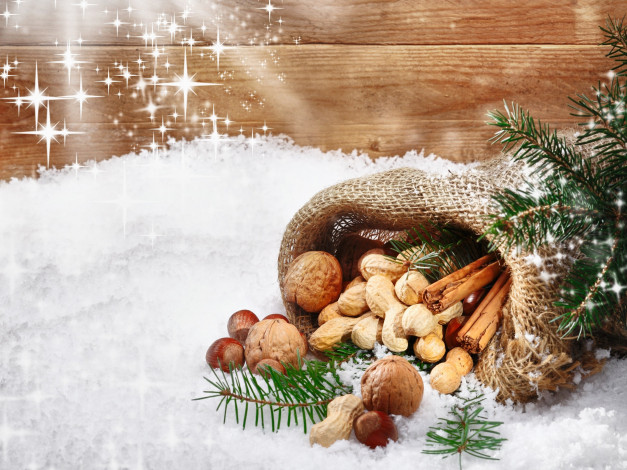 Обои картинки фото праздничные, угощения, корица, орехи, мешок