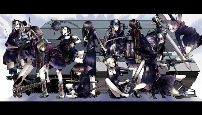 Обои картинки фото аниме, weapon, blood, technology, девушки, танк, оружие