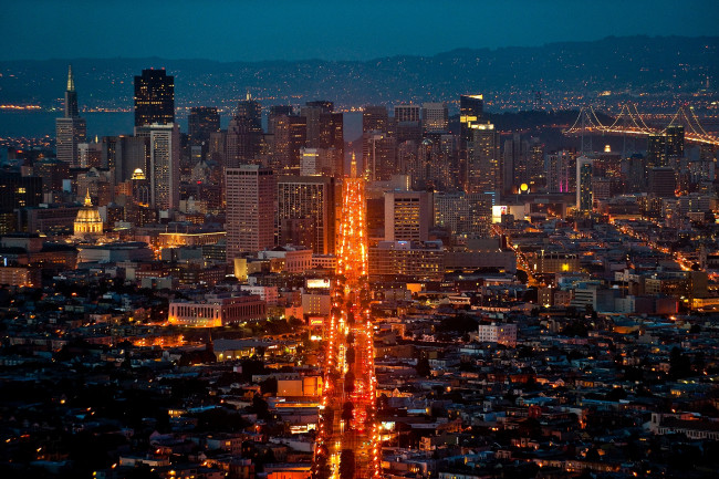 Обои картинки фото города, сан, франциско, сша, ночь, огни, небоскребы, дорога
