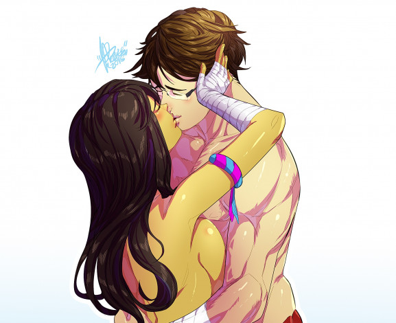 Обои картинки фото рисованное, люди, девушка, поцелуй, парень, фон, взгляд