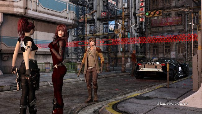 Обои картинки фото 3д графика, фантазия , fantasy, фон, взгляд, девушки, парень, оружие