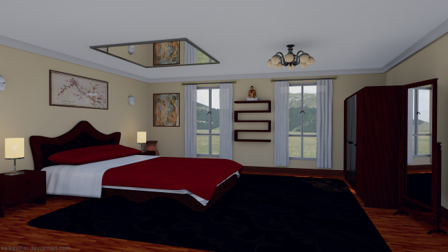 Обои картинки фото 3д графика, реализм , realism, светильники, картины, кровать, уют, интерьер