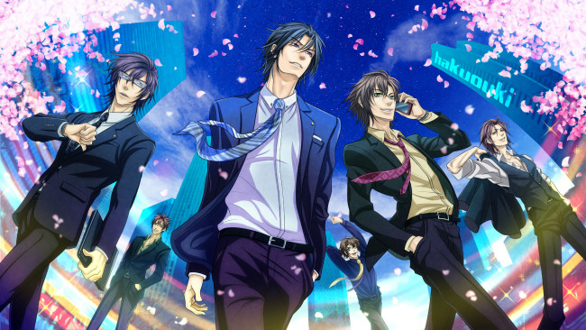 Обои картинки фото аниме, hakuoki, парни, город, арт, группа