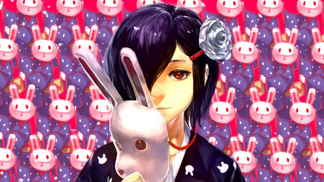 Обои картинки фото аниме, tokyo ghoul, art, токийский, гуль, маска, кролик, девушка, kirishima, toka, tokyo, ghoul