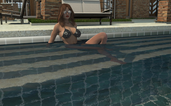 Обои картинки фото 3д графика, люди , people, бассейн, фон, взгляд, девушка
