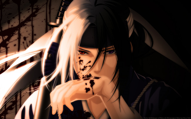 Обои картинки фото аниме, hakuoki, фон, парень, взгляд