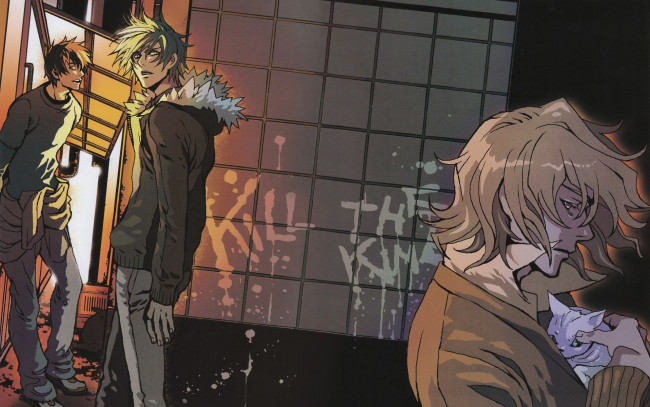 Обои картинки фото аниме, togainu no chi, друзья, кровь, окаянного, пса, nano, keisuke, akira, togainu, no, chi, котенок