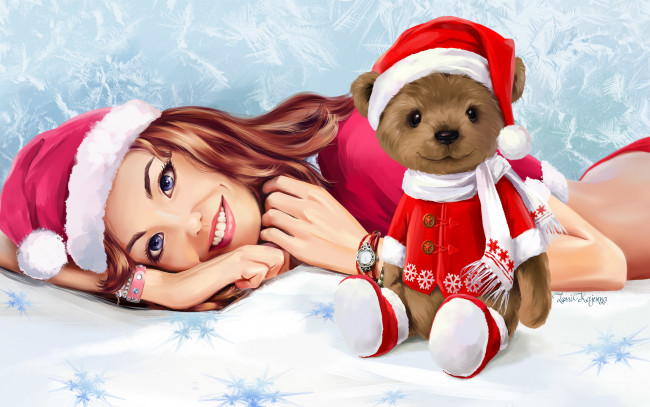 Обои картинки фото праздничные, - разное , новый год, мишка, взгляд, улыбка, девушка, новый, год, игрушка