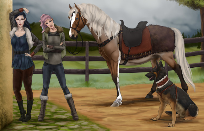 Обои картинки фото рисованное, животные,  лошади, фон, взгляд, девушки, лошадь, собака