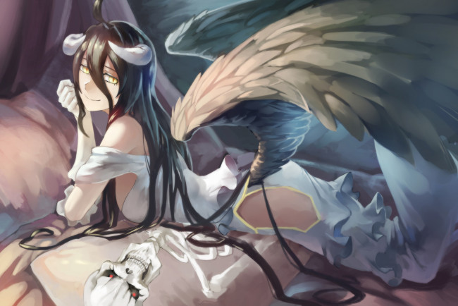 Обои картинки фото аниме, overlord, albedo, art, рога, anime, крылья, девушка