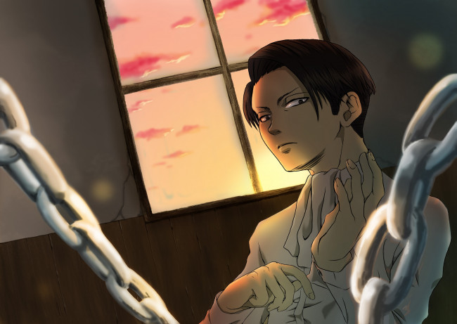 Обои картинки фото аниме, shingeki no kyojin, атака, титанов, цепи, арт, взгляд, леви