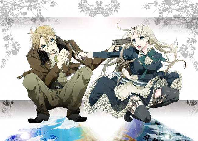 Обои картинки фото аниме, hetalia,  axis powers, пистолеты, оружие, девушка, италия, и, страны, оси, парень