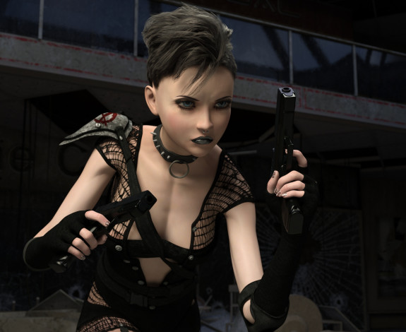 Обои картинки фото 3д графика, фантазия , fantasy, девушка, взгляд, оружие, фон