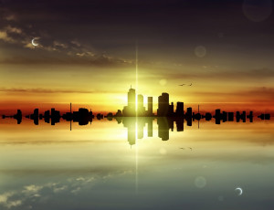 Картинка рисованное города закат город