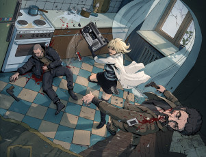 Картинка рисованное кино lorraine broughton блондинка art девушка charlize theron atomic blonde магнитофон бой драка