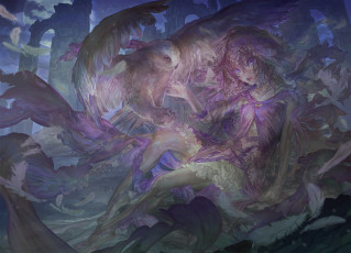 Картинка аниме животные +существа сова девушка