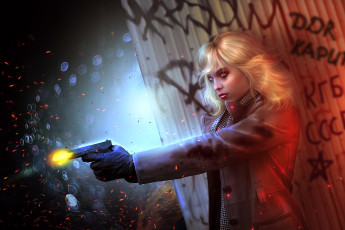Картинка рисованное кино lorraine broughton art убийца пистолет блондинка charlize theron atomic blonde