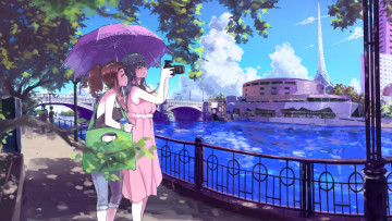 Картинка аниме город +улицы +интерьер +здания девушки