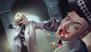 Картинка рисованное кино удар atomic blonde маска charlize theron кровь девушка lorraine broughton art пальто мужчина