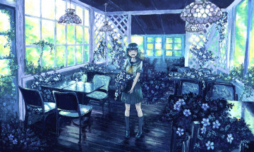 Картинка аниме город +улицы +интерьер +здания цветы девушка