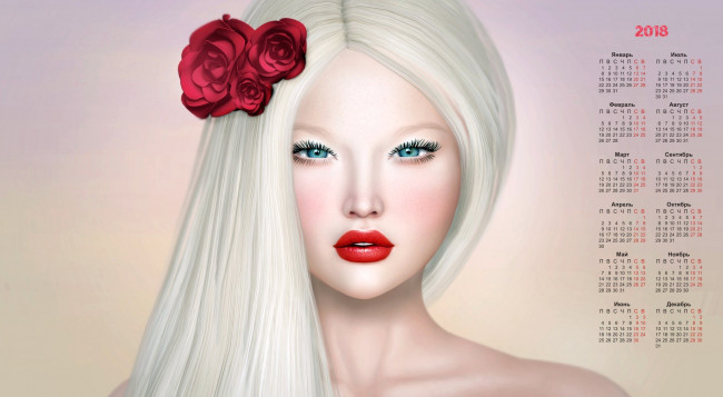 Обои картинки фото календари, рисованные,  векторная графика, цветок, лицо, взгляд, девушка, 2018