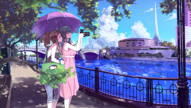 Обои картинки фото аниме, город,  улицы,  интерьер,  здания, девушки