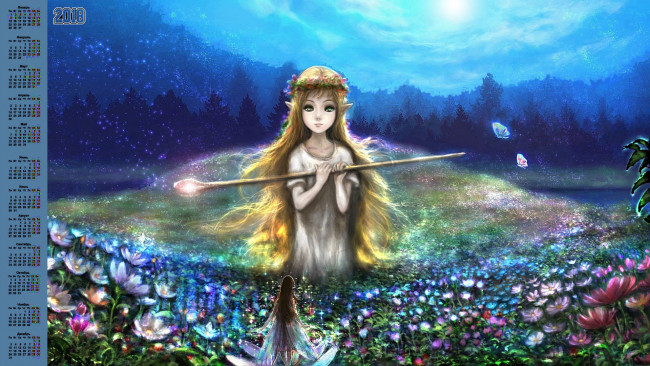 Обои картинки фото календари, фэнтези, 2018, взгляд, эльф, посох, цветы